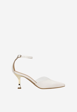 Białe szpilki z przezroczystą wstawką i efektownym złotym obcasem