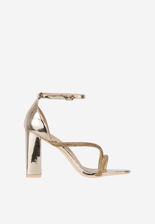 Złote lustrzane sandały damskie z kryształkami na paskach