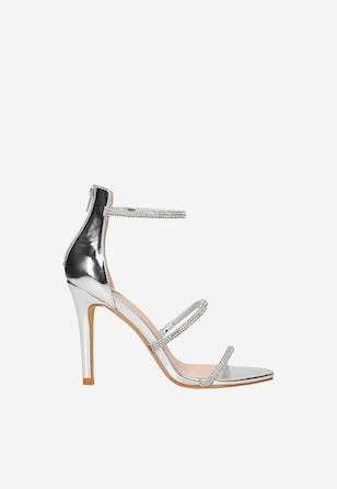 WJS srebrne sandały na szpilce z kryształkami
