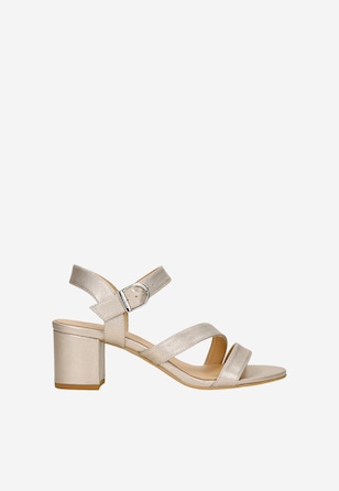 Złote skórzane sandały damskie na obcasie