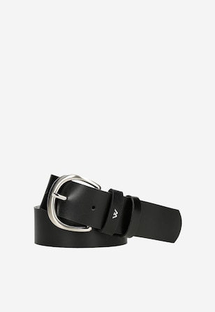 Black leather belt for women with a silver buckle