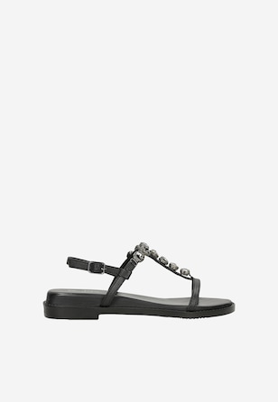 Sandały damskie z czarnej skóry z biżuteryjną aplikacją na podbiciu