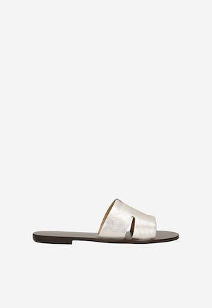 Metalické zlaté dámske kožené šľapky bez podpätku