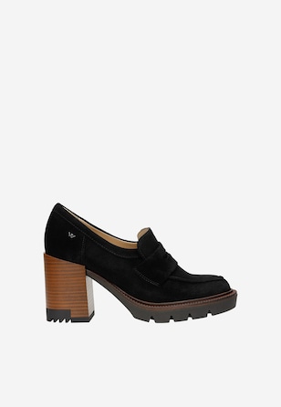 Mocasini  negri din piele velur cu toc damă