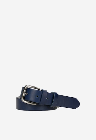Tmavomodrý kožený dámsky opasok so striebornou sponou