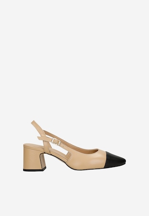 Béžové kožené lodičky na sloupku s černou špičkou