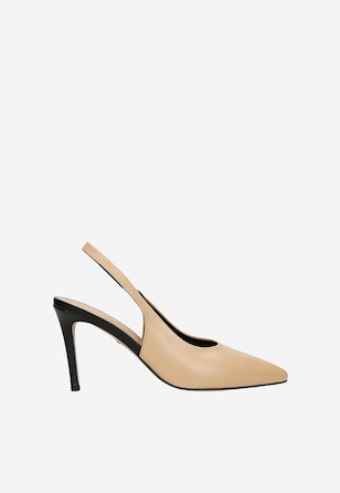 Beżowo-czarne szpilki damskie z odkrytą piętą