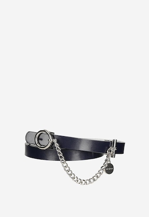 Dwustronny pasek damski granatowo-biały z ozdobnym łańcuszkiem