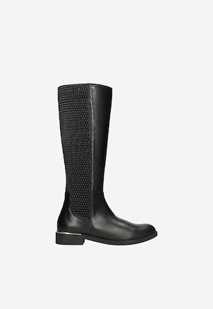 Women's black leather riding boots with elastic shaft