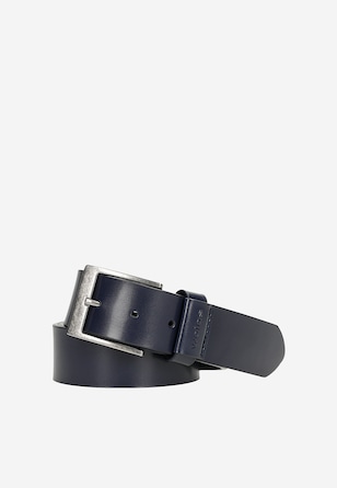 Tmavomodrý kožený pánsky opasok so striebornou prackou