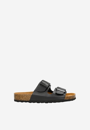 Czarne klapki damskie z klamrami i podeszwą korkową