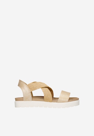 Złote sandały damskie z plecionymi materiałowymi paskami