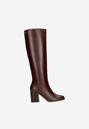 Bordó kožené dámské kozačky na podpatku