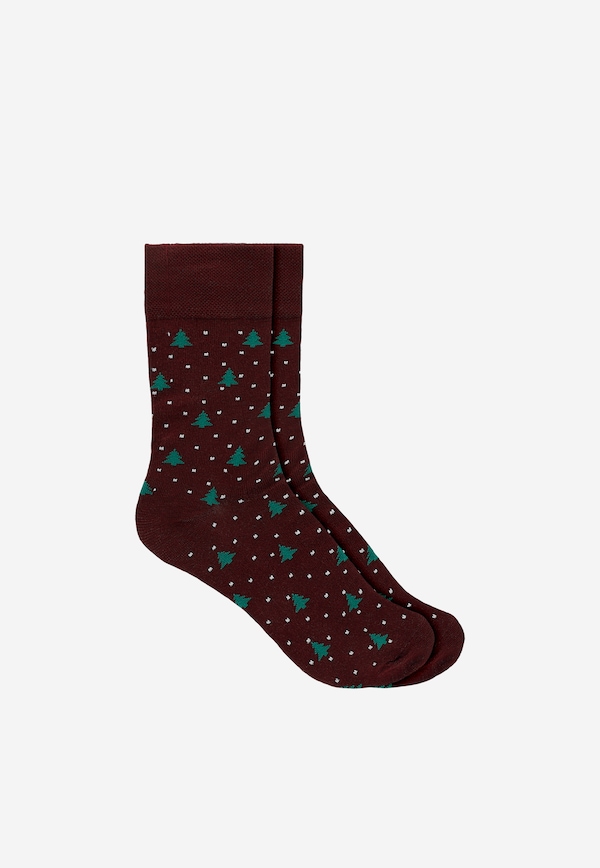 Bordowe skarpety w kropki i choinki