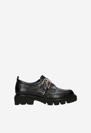 Czarne monki damskie z złotą klamrą