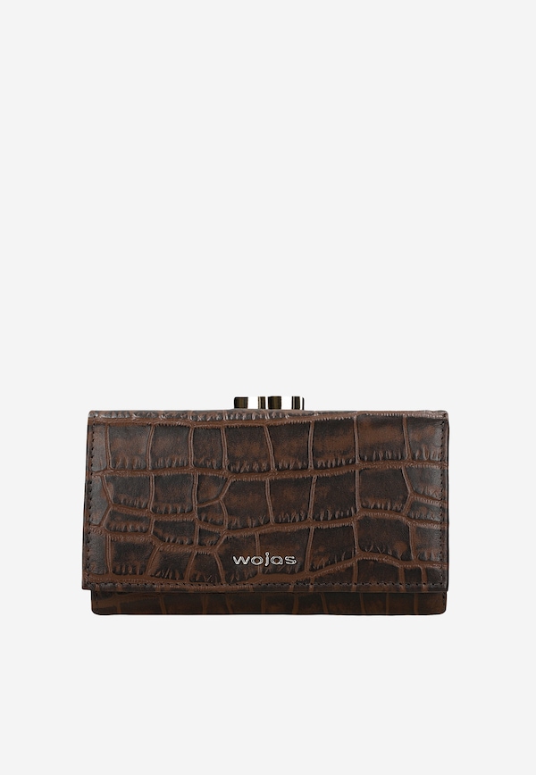 Brązowy portfel damski z tłoczeniem w skórę krokodyla