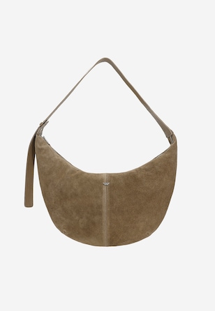 Mała ciemnobeżowa torebka z dwoiny welurowej i skóry licowej