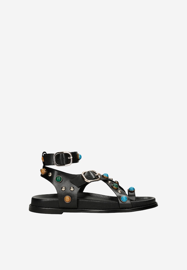 Czarne skórzane sandały z kolorowymi ozdobami