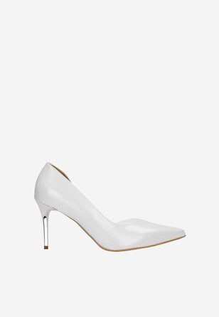 Białe perłowe czółenka damskie na srebrnej szpilce