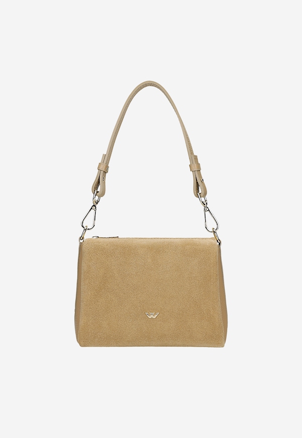 Mała beżowa torebka damska z połączenia dwoiny i skóry licowej