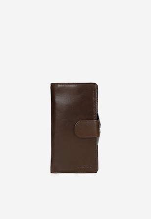 Brązowy skórzany portfel damski zapinany na zatrzask