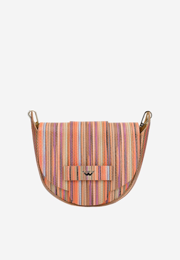 Półokrągła torebka w ozdobne kolorowe paski