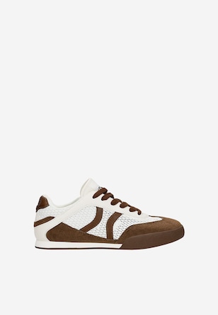 Beżowo-brązowe sneakersy damskie w stylu retro z ażurową cholewką RELAKS