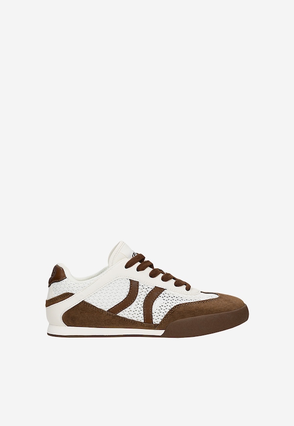 Beżowo-brązowe sneakersy damskie w stylu retro z ażurową cholewką RELAKS