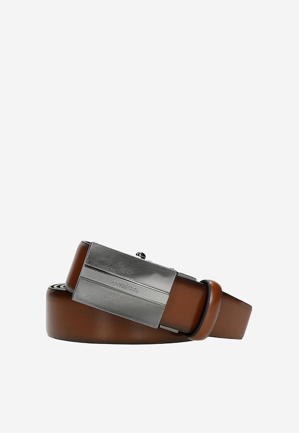 Brown leather men's belt with a full buckle