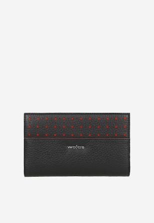 Czarny portfel damski z czerwonymi ozdobnymi kropkami