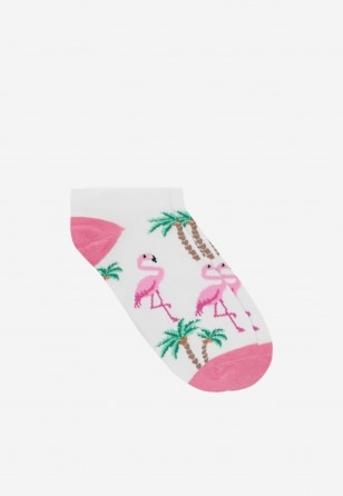 Bílé dámské bavlněné ponožky s růžovými plameňáky 97048-89