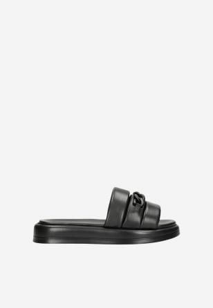 Černé kožené dámské pantofle s ozdobným detailem 74084-51