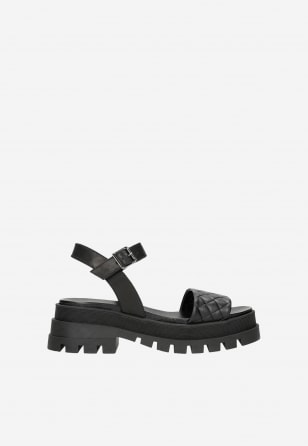 Trendy letní černé kožené sandály dámské na podpatku 76113-51