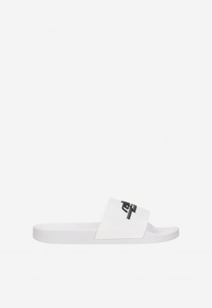 Trendy bílé letní dámské pantofle s černým nápisem