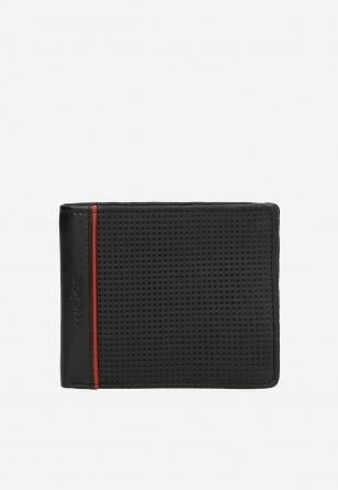Czarny portfel męski ze skóry licowej z pionowym czerwonym paskiem