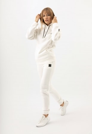 RELAKS biała bluza damska z kapturem z czarnymi akcentami R98010-19