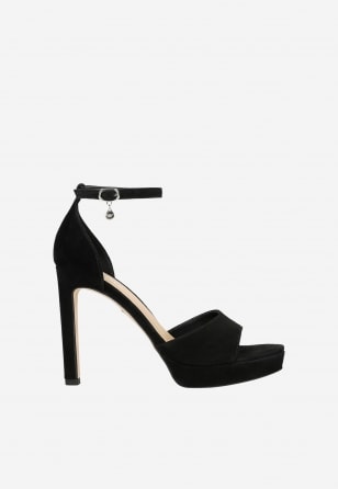 Čierne dámske sandále na podpätku z velúrovej kože