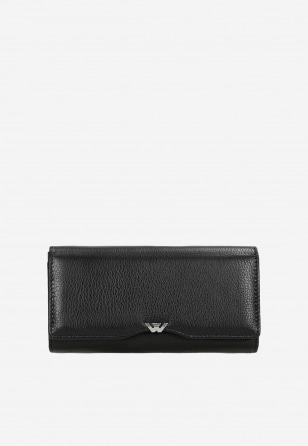 Czarny portfel damski z metalowym logo na klapce