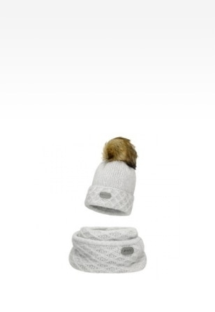 Szary zestaw BARTEK z wełną merino 85602-80 czapka z puchatym pomponem + komin 8560280