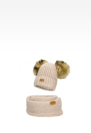 Zestaw zimowy z wełną merino BARTEK 85603-84 beżowa czapka z dwoma pomponami i komin 8560384