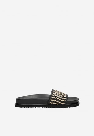 Czarno-beżowe plecione klapki damskie 74155-80