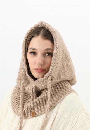 Beżowy komin z kapturem z wełną merino RELAKS R96036-83