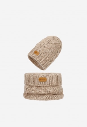 Beżowy zestaw BARTEK z wełną merino 85604-84, czapka + komin 8560484