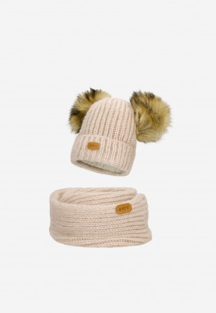 Zestaw zimowy z wełną merino BARTEK 85603-84 beżowa czapka z dwoma pomponami i komin 8560384