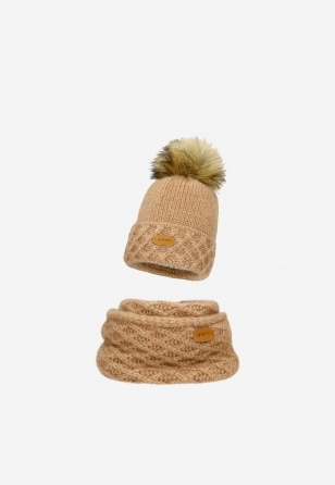 Jasnobrązowy zestaw BARTEK 85602-83 z wełną merino - czapka + komin 8560283