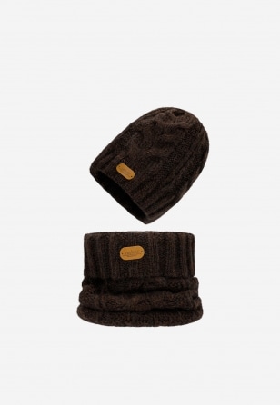 Czekoladowy zestaw RELAKS czapka + komin z wełną merino R96002-82