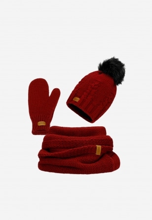 Damski zimowy zestaw RELAKS bordowa czapka z pomponem, komin i rękawiczki R96018-15