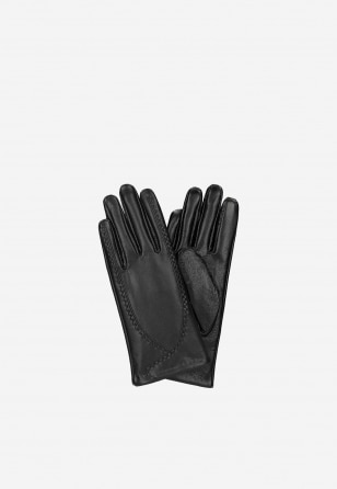Czarne skórzane rękawiczki damskie z ozdobnym przeszyciem 98125-51