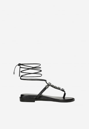 Czarne wiązane sandały z biżuteryjną ozdobą 76227-51