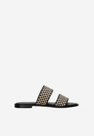 Czarno-beżowe klapki damskie ze skóry licowej z plecionką z raffii 74157-80